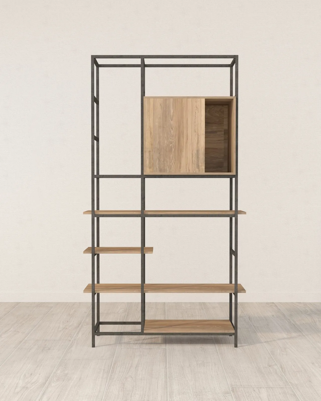 Librero M2 minimalista con repisas a diferentes alturas.