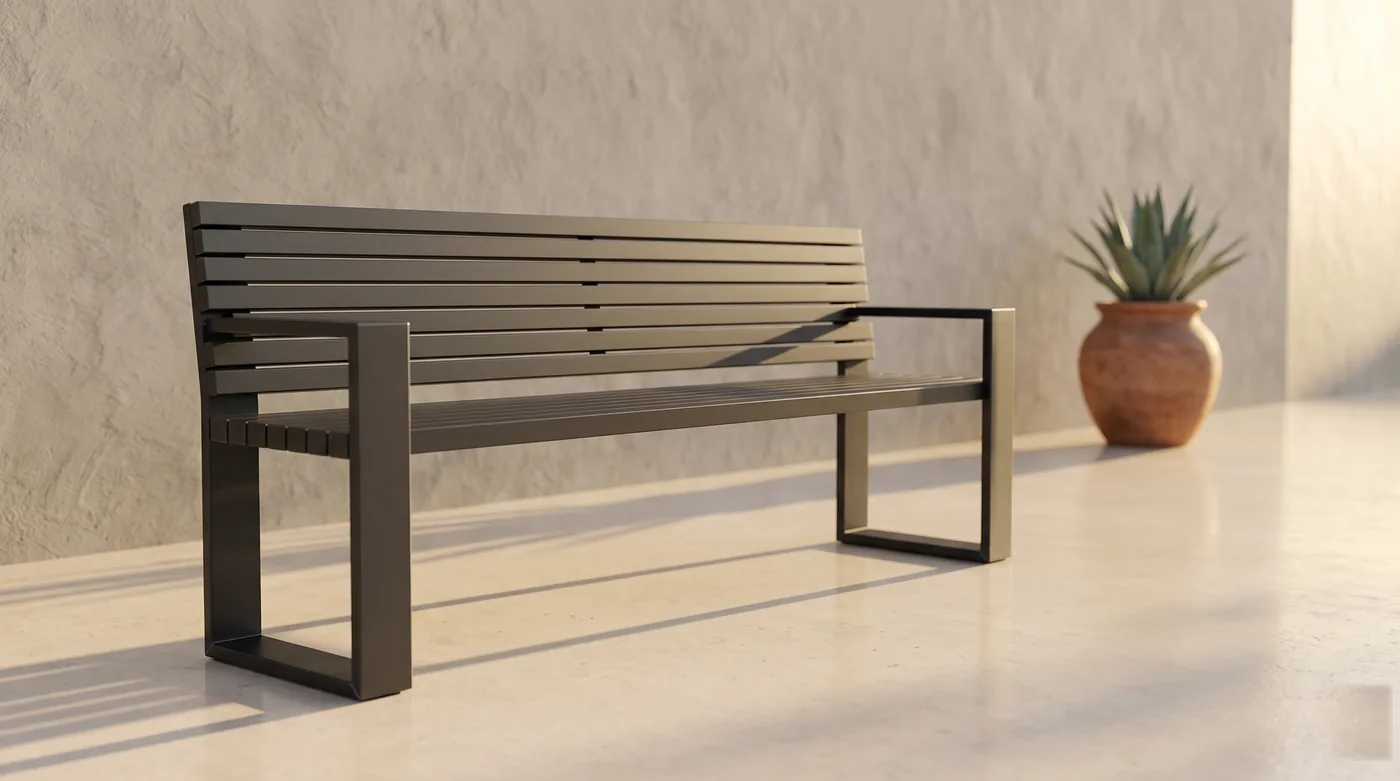 Banca urbana con respaldo ergonómico y descansabrazos laterales.