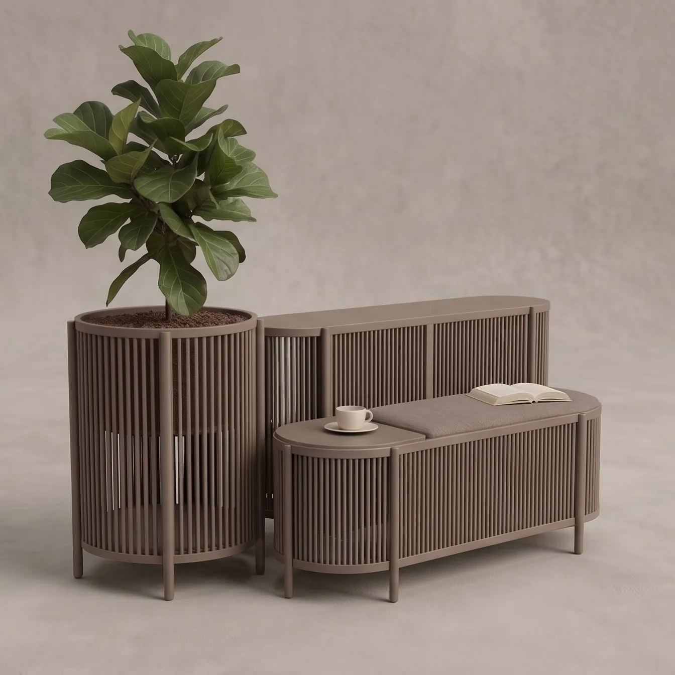 Sistema modular de jardineras Alto Metal: jardinera cilíndrica con planta, banca y mesa auxiliar en acero.